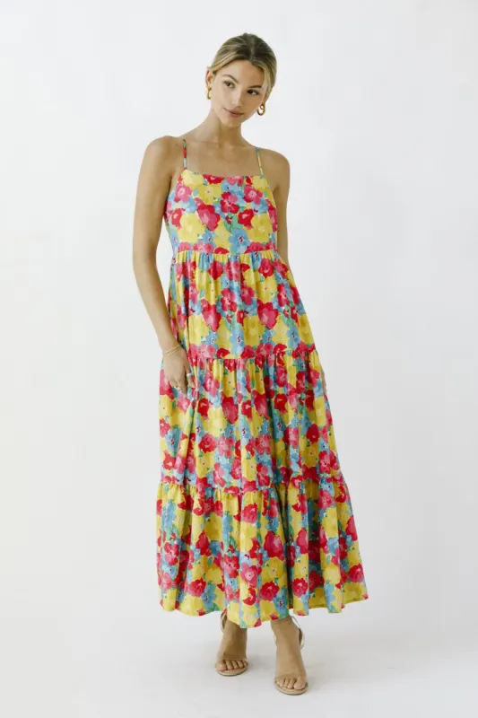 Multi-Color Floral Low Back Tiered Midi Dress sold by Pinkblush