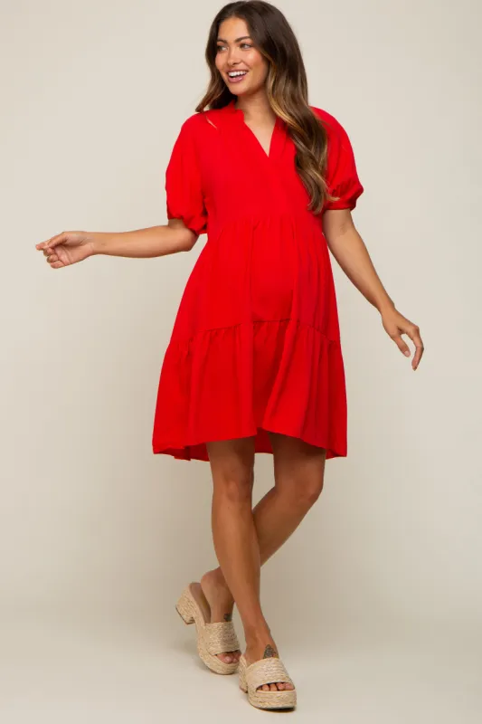 Red Satin Ruffle V-Neck Short Sleeve Maternity Dress sold by Pinkblush