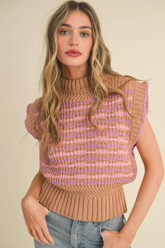 Camel Lavender Multi Contrast Stitch Mock Neck Sweater Vest sold by Pinkblush