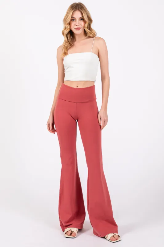 Mauve Fold-Over Waistband Flared Leggings sold by Pinkblush