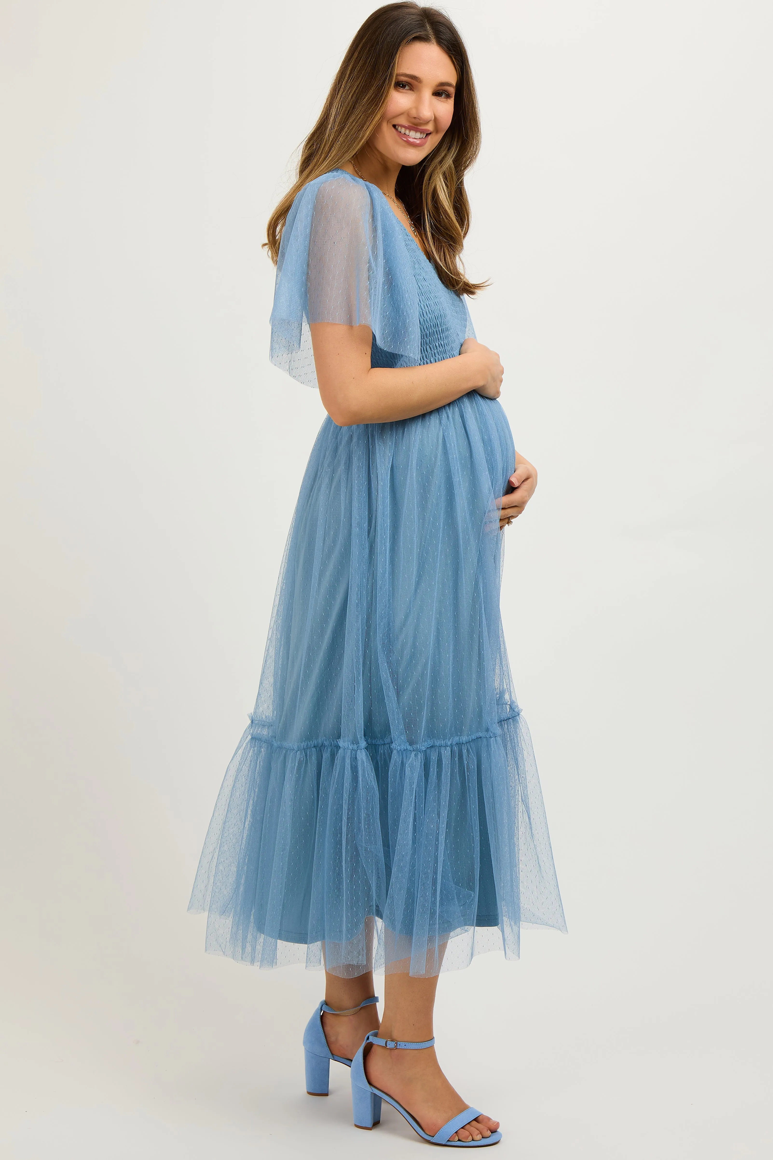 Blue Dotted Tulle Smocked Maternity Midi Dress sold by Pinkblush product image thumbnail 3