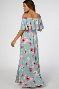 Mint Green Floral Off Shoulder Maternity Maxi Dress sold by Pinkblush