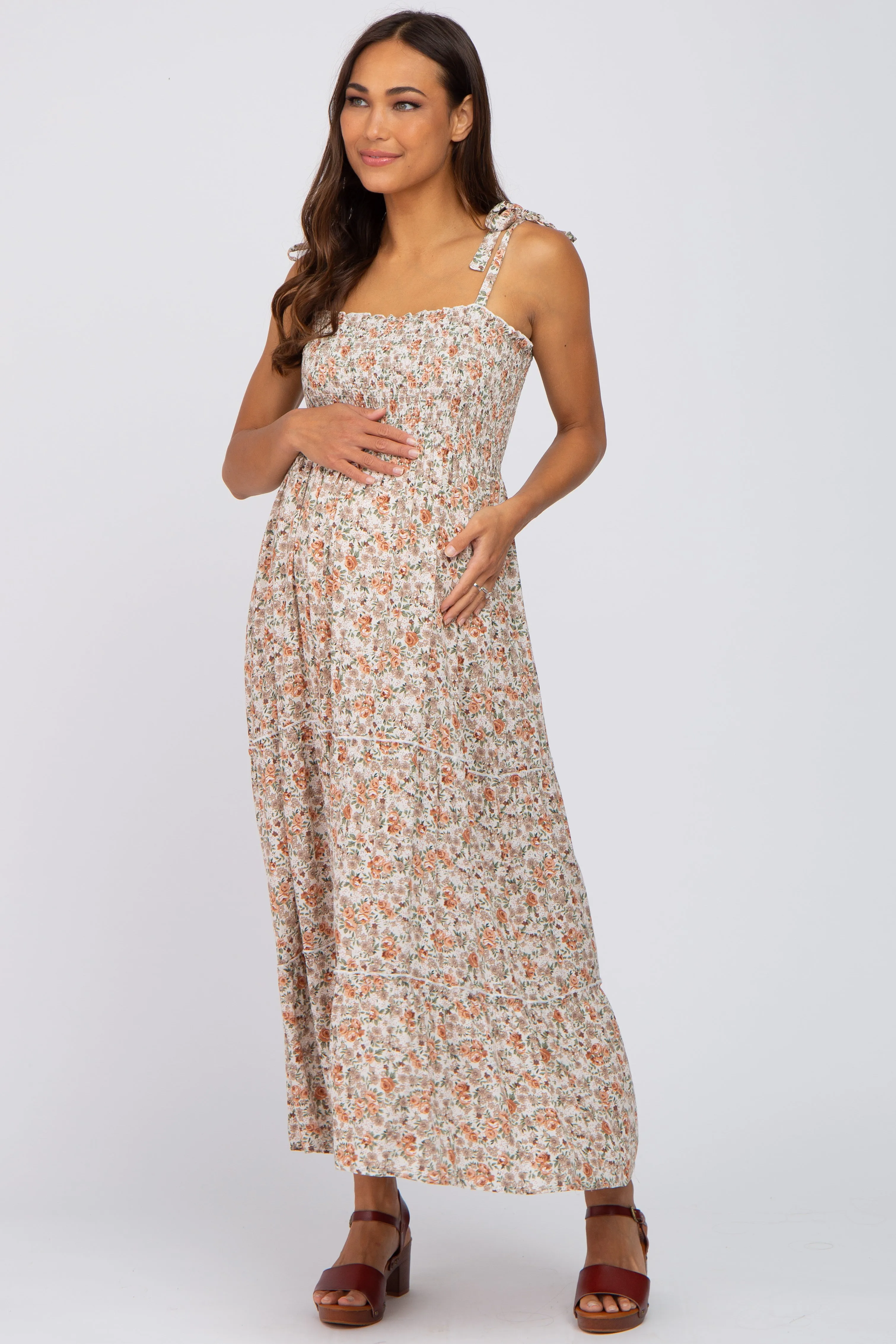 Beige Floral Sleeveless Tiered Maternity Maxi Dress sold by Pinkblush product image thumbnail 4