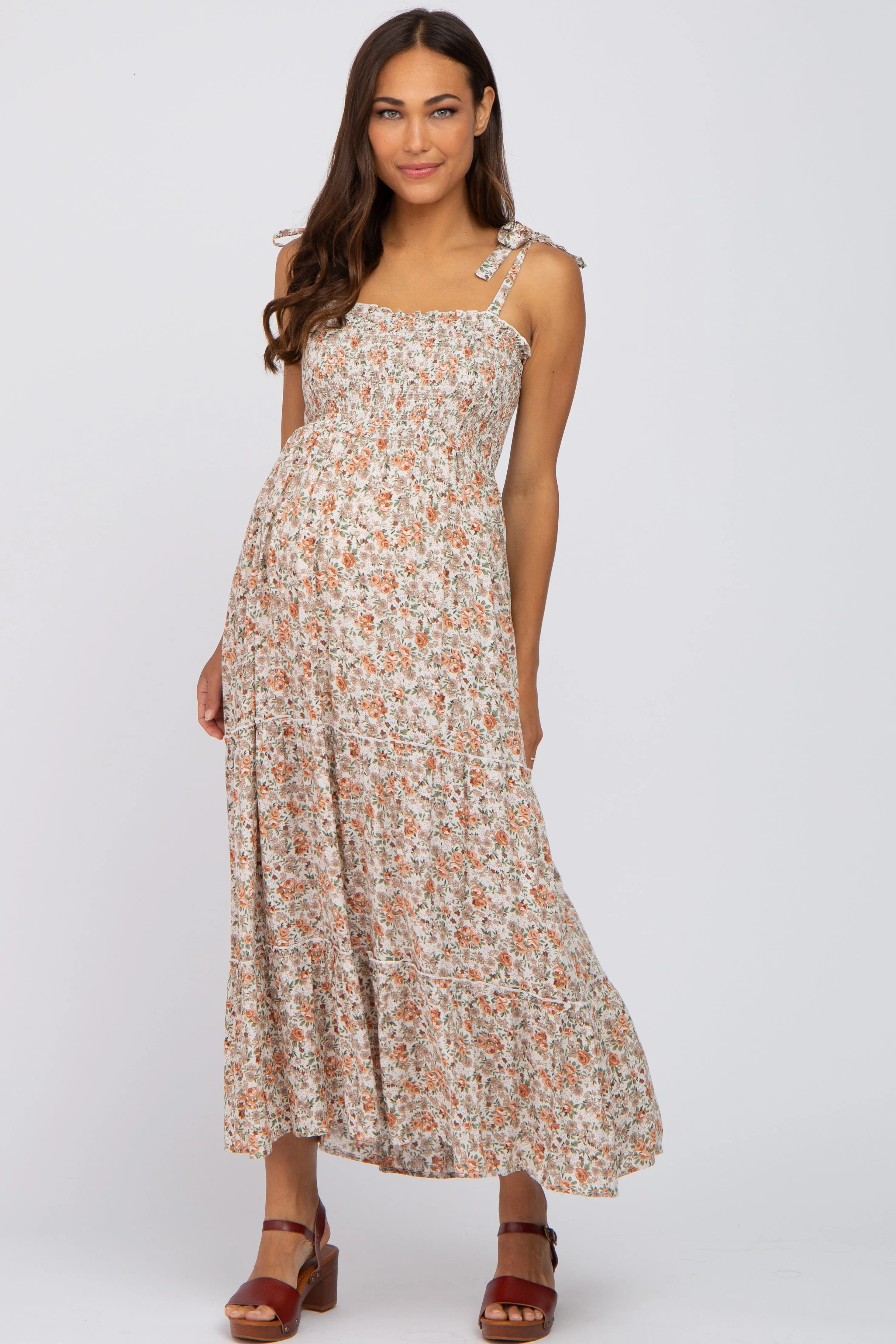 Beige Floral Sleeveless Tiered Maternity Maxi Dress sold by Pinkblush