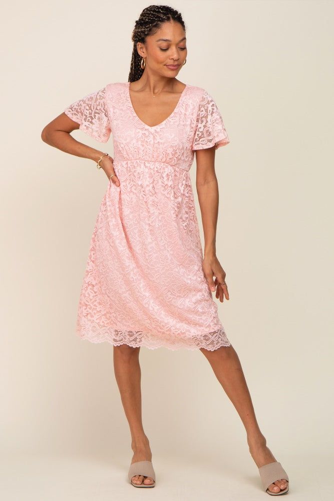 Pink Lace Knee Length Dress sold by Pinkblush