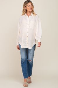 Beige Linen Collared Button Up Raw Edge Maternity Top sold by Pinkblush