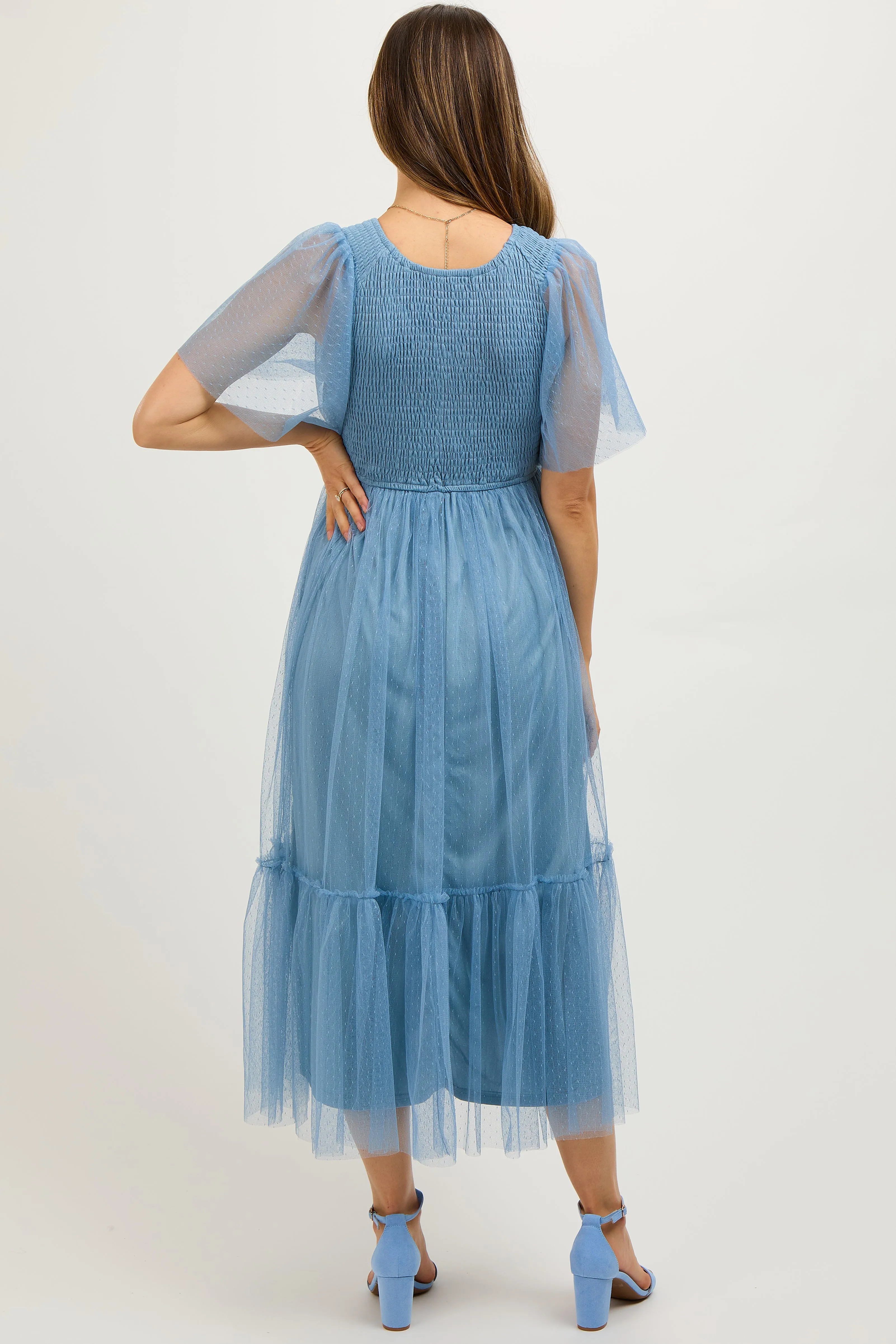 Blue Dotted Tulle Smocked Maternity Midi Dress sold by Pinkblush product image thumbnail 4