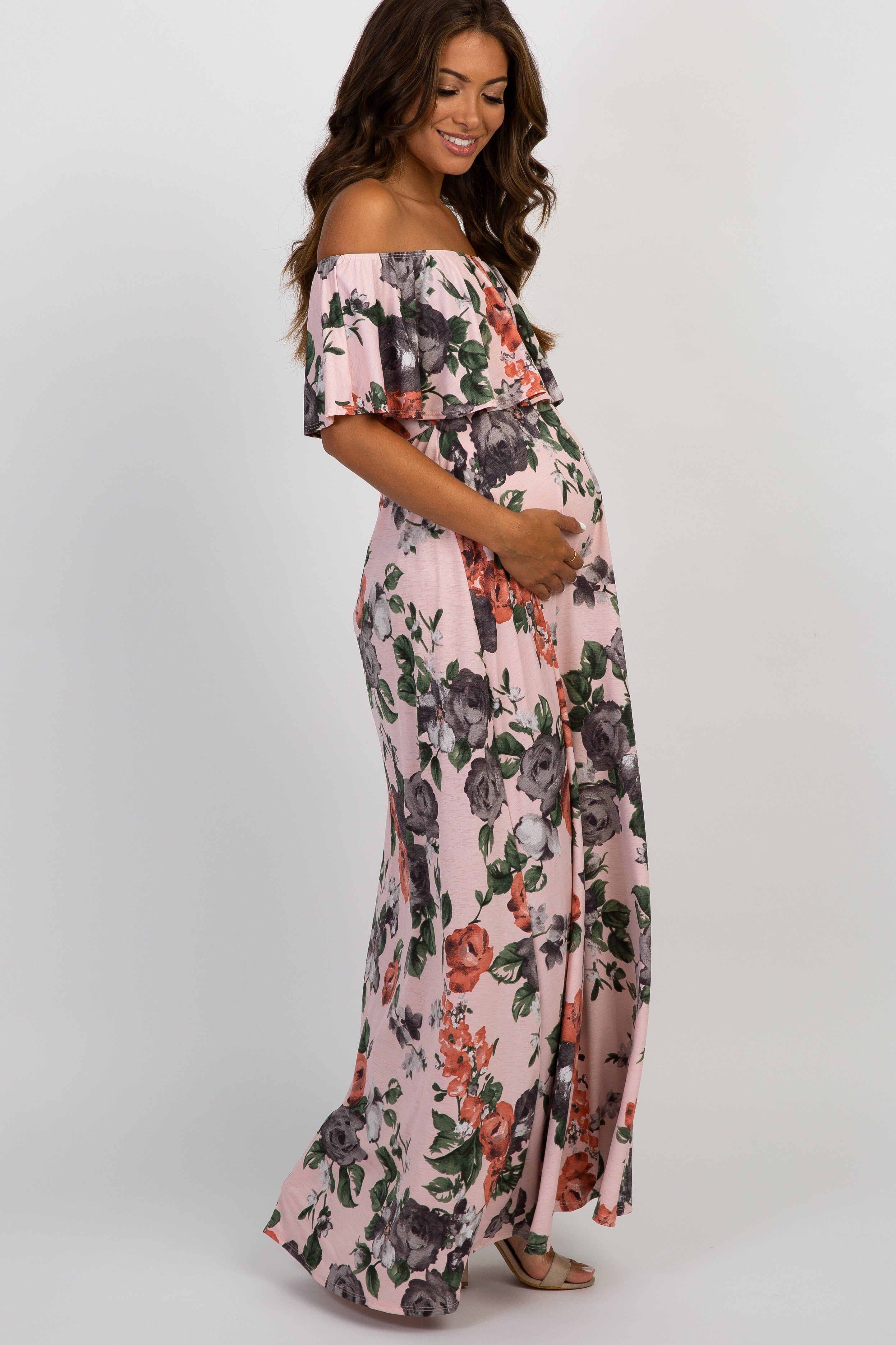 PinkBlush Light Pink Rose Off Shoulder Maternity Maxi Dress sold by Pinkblush product image thumbnail 2