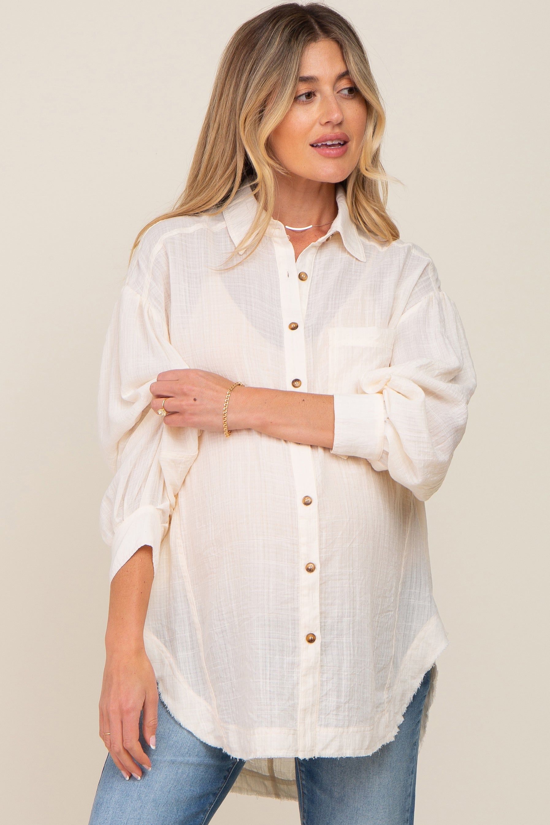 Beige Linen Collared Button Up Raw Edge Maternity Top sold by Pinkblush