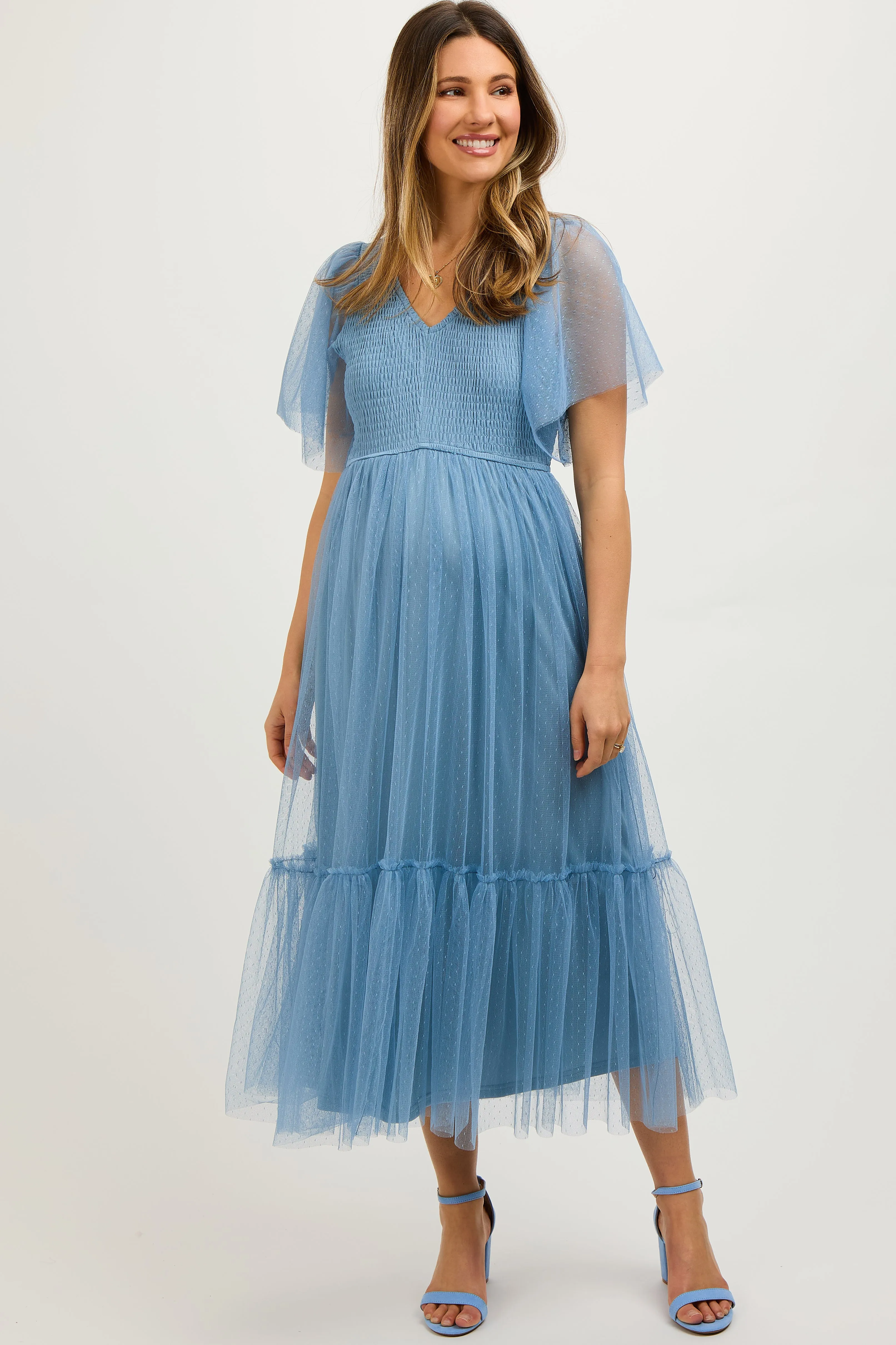 Blue Dotted Tulle Smocked Maternity Midi Dress sold by Pinkblush