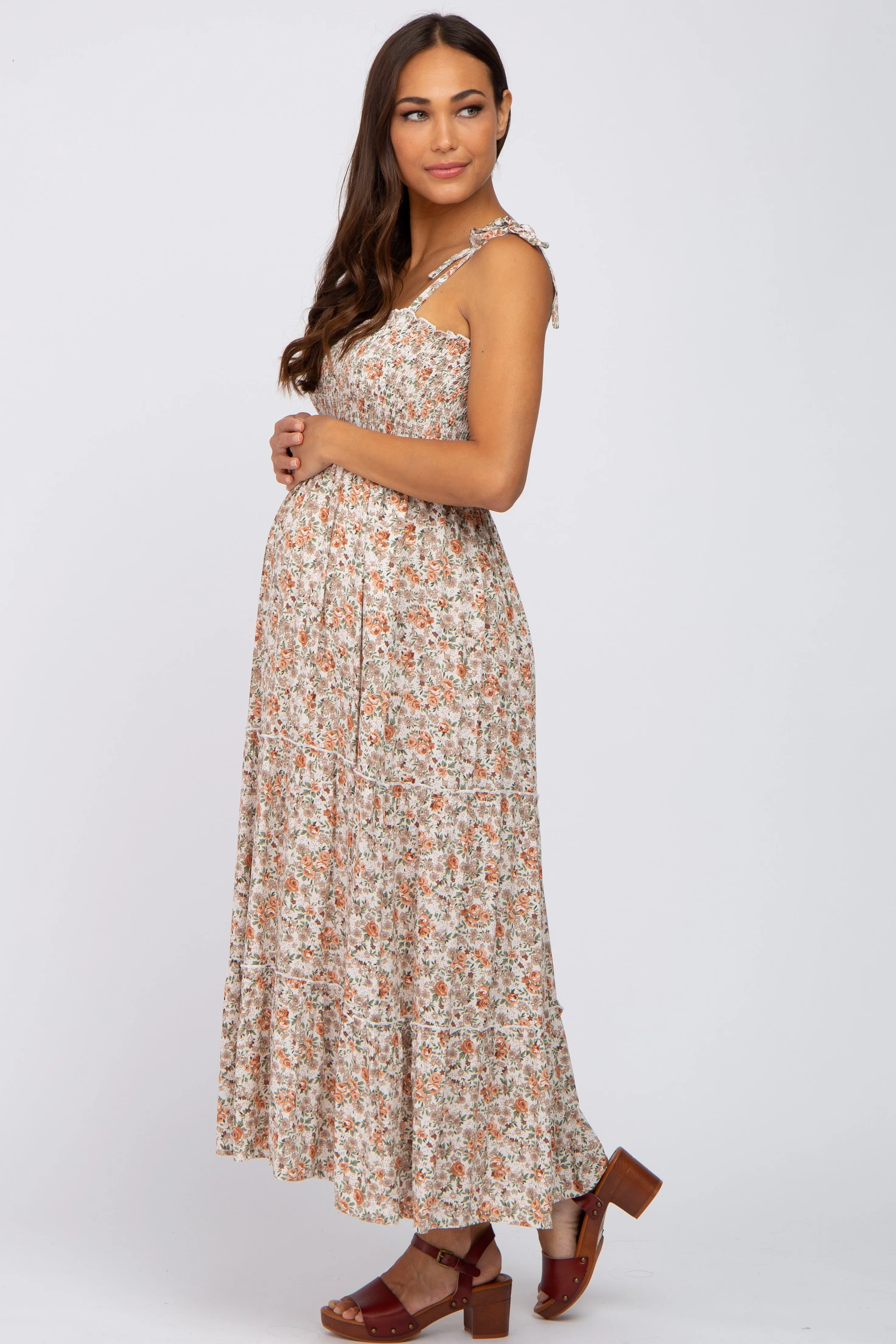 Beige Floral Sleeveless Tiered Maternity Maxi Dress sold by Pinkblush product image thumbnail 2
