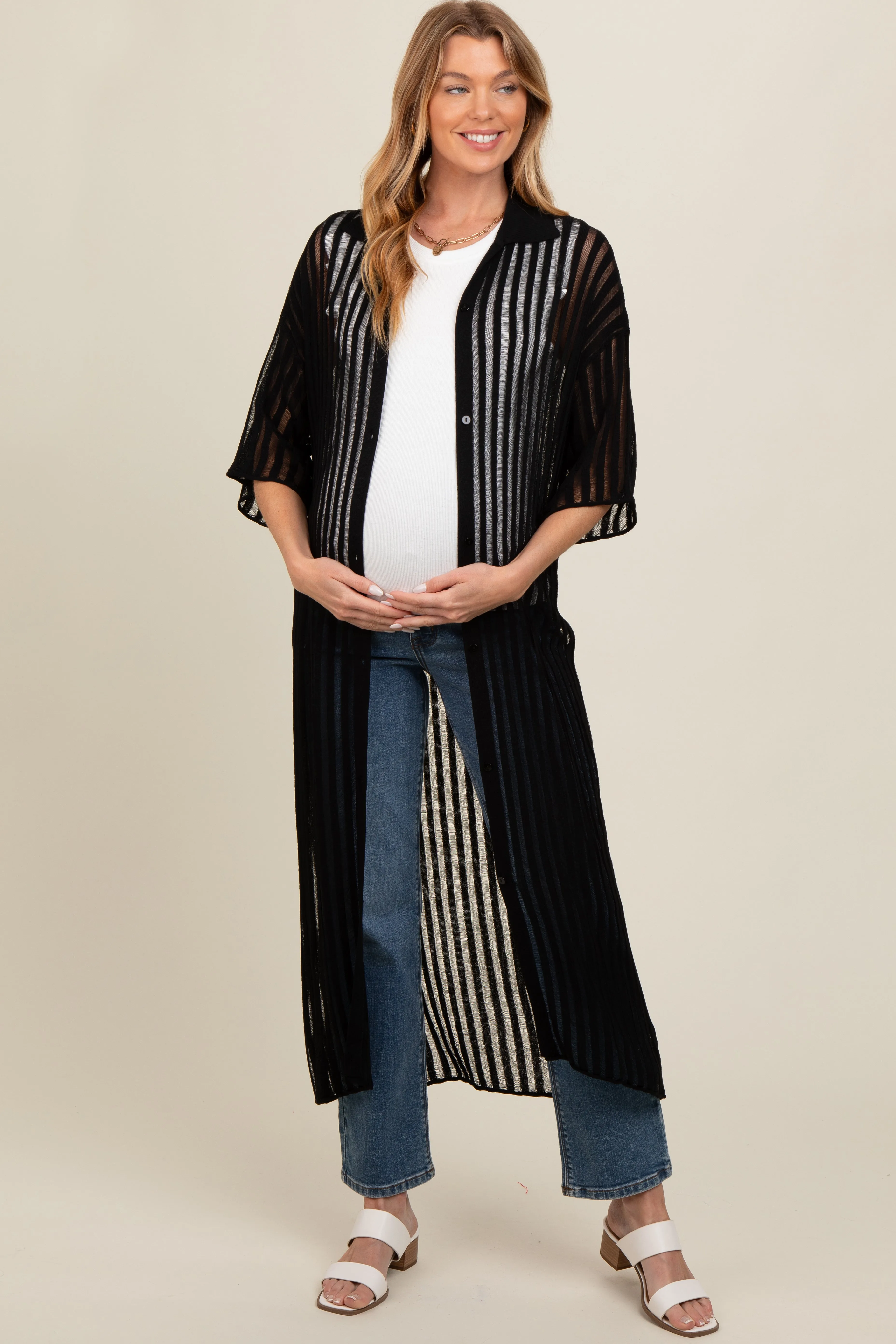 Black Distressed Collared Maternity Cover-Up sold by Pinkblush