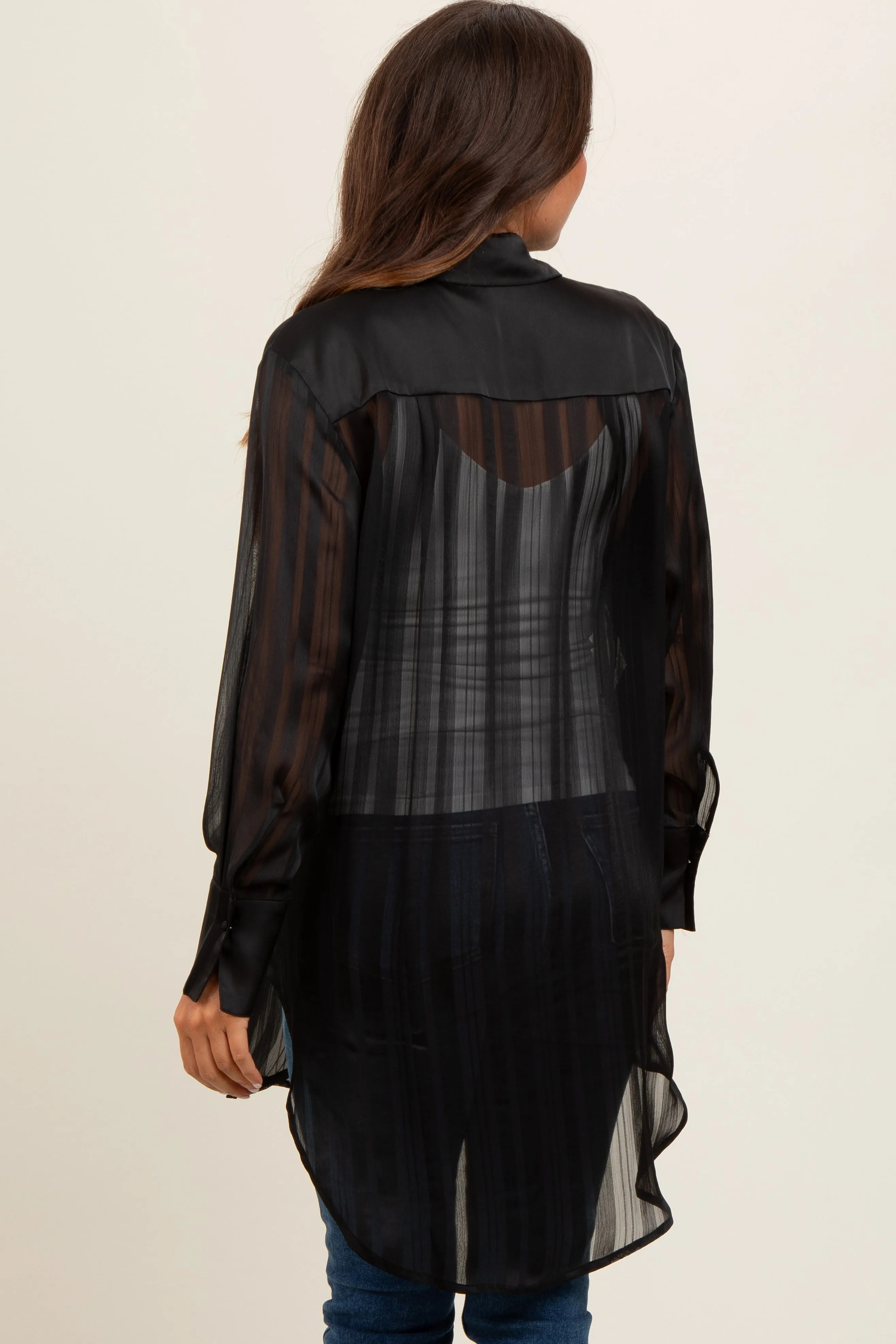 Black Sheer Stripe Button Down Maternity Blouse sold by Pinkblush product image thumbnail 3