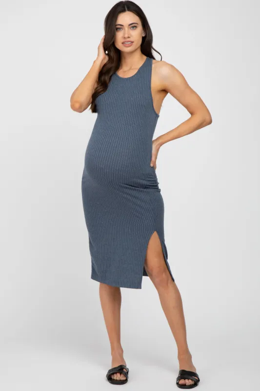 Blue Ribbed Cross Back Maternity Midi Dress sold by Pinkblush