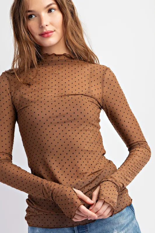 Brown Polka Dot Mesh Long Sleeve Top sold by Pinkblush