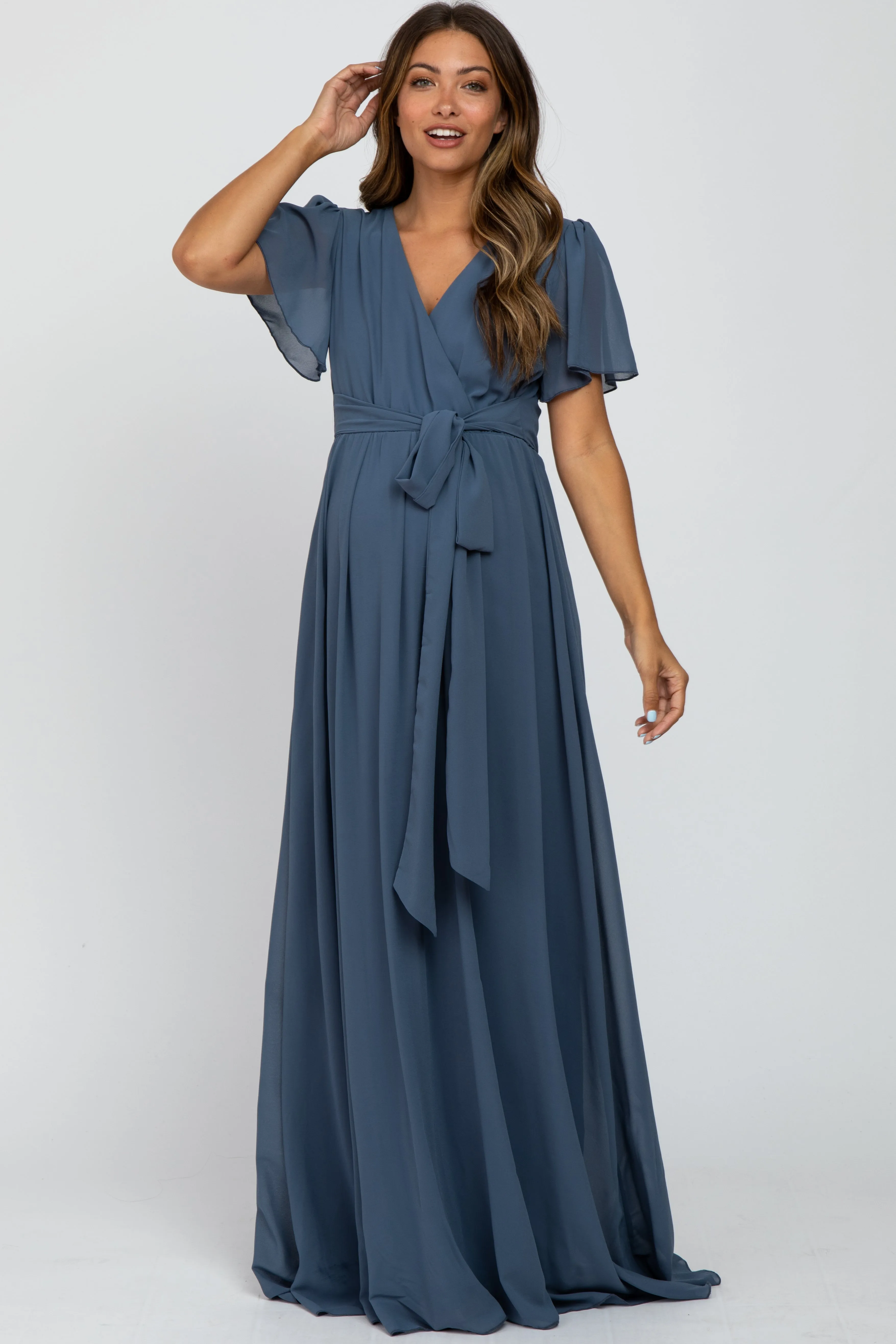 Blue Chiffon Short Sleeve Maternity Maxi Dress sold by Pinkblush