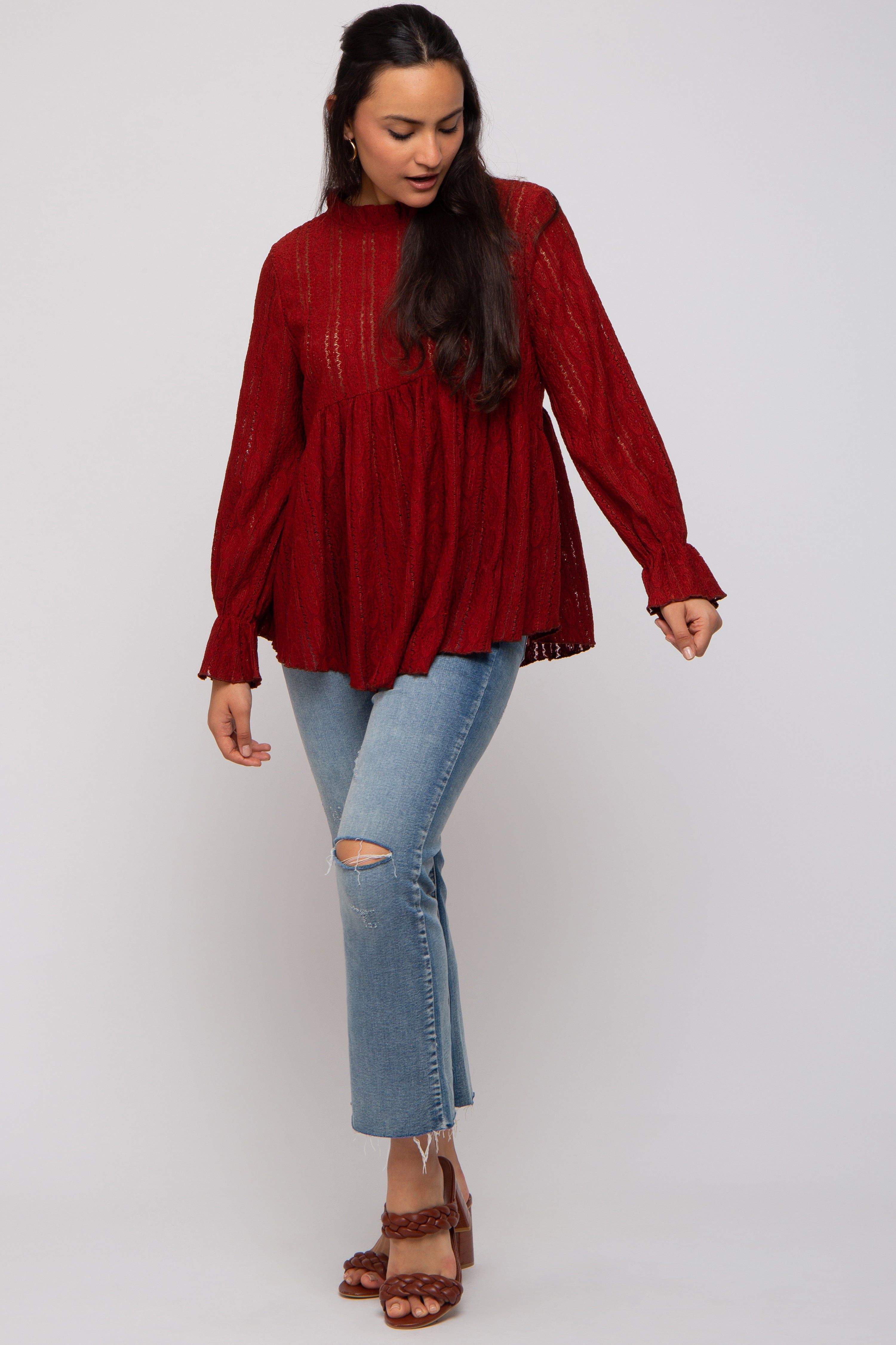 Red Lace Ruffled Neck Top sold by Pinkblush