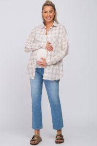 Beige Linen Plaid Button Down Maternity Top sold by Pinkblush