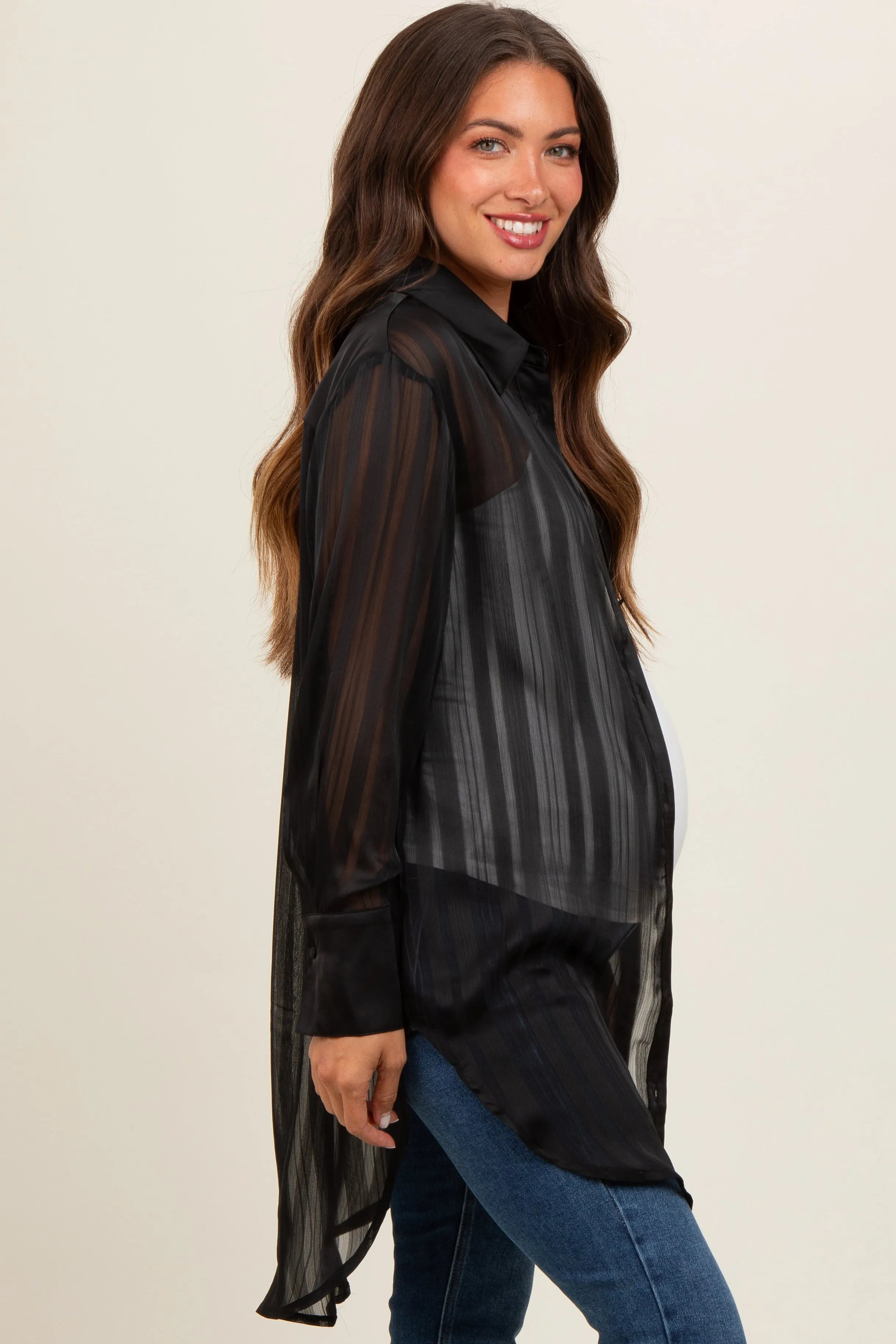 Black Sheer Stripe Button Down Maternity Blouse sold by Pinkblush product image thumbnail 2