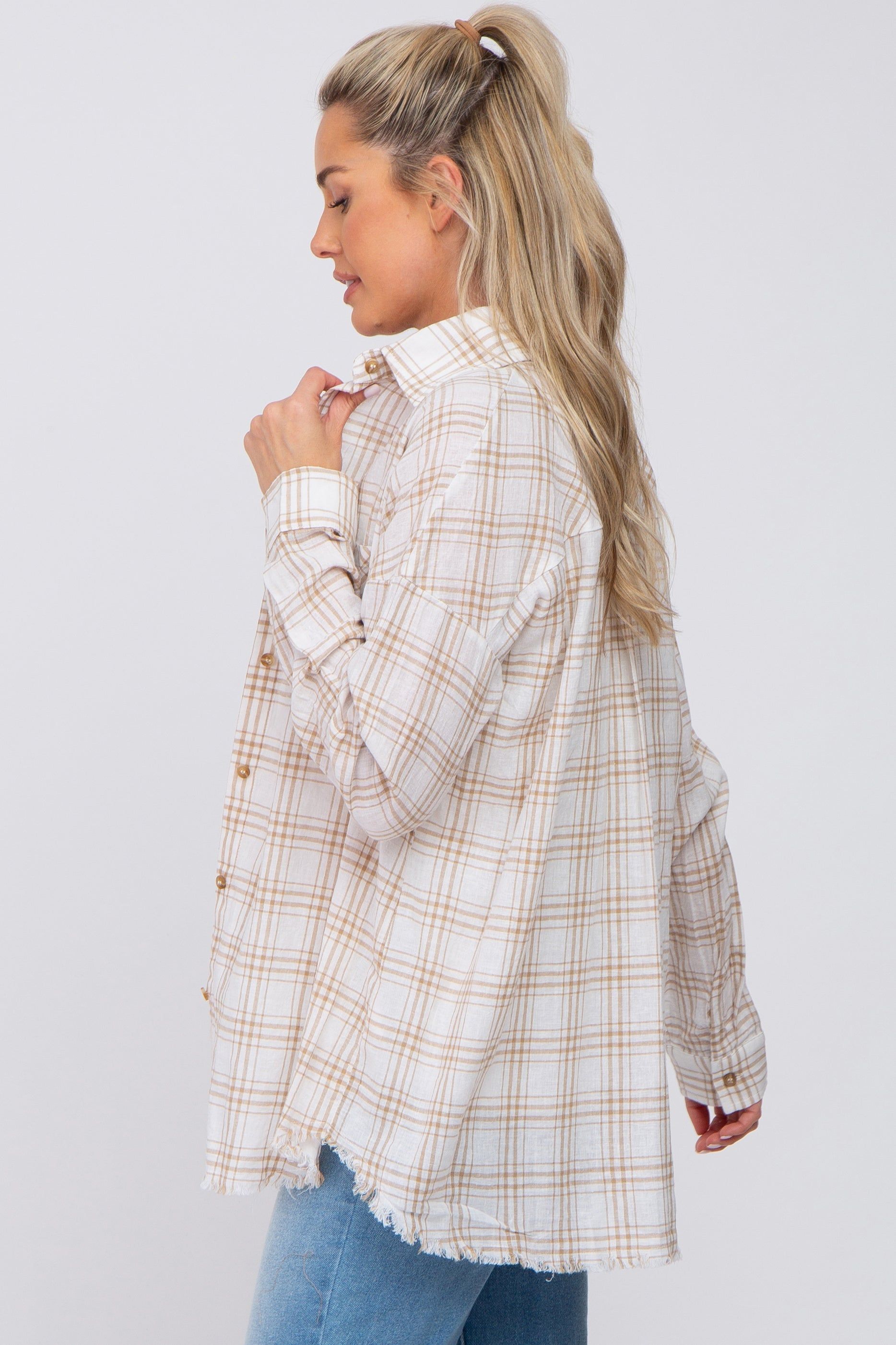 Beige Linen Plaid Button Down Maternity Top sold by Pinkblush product image thumbnail 2