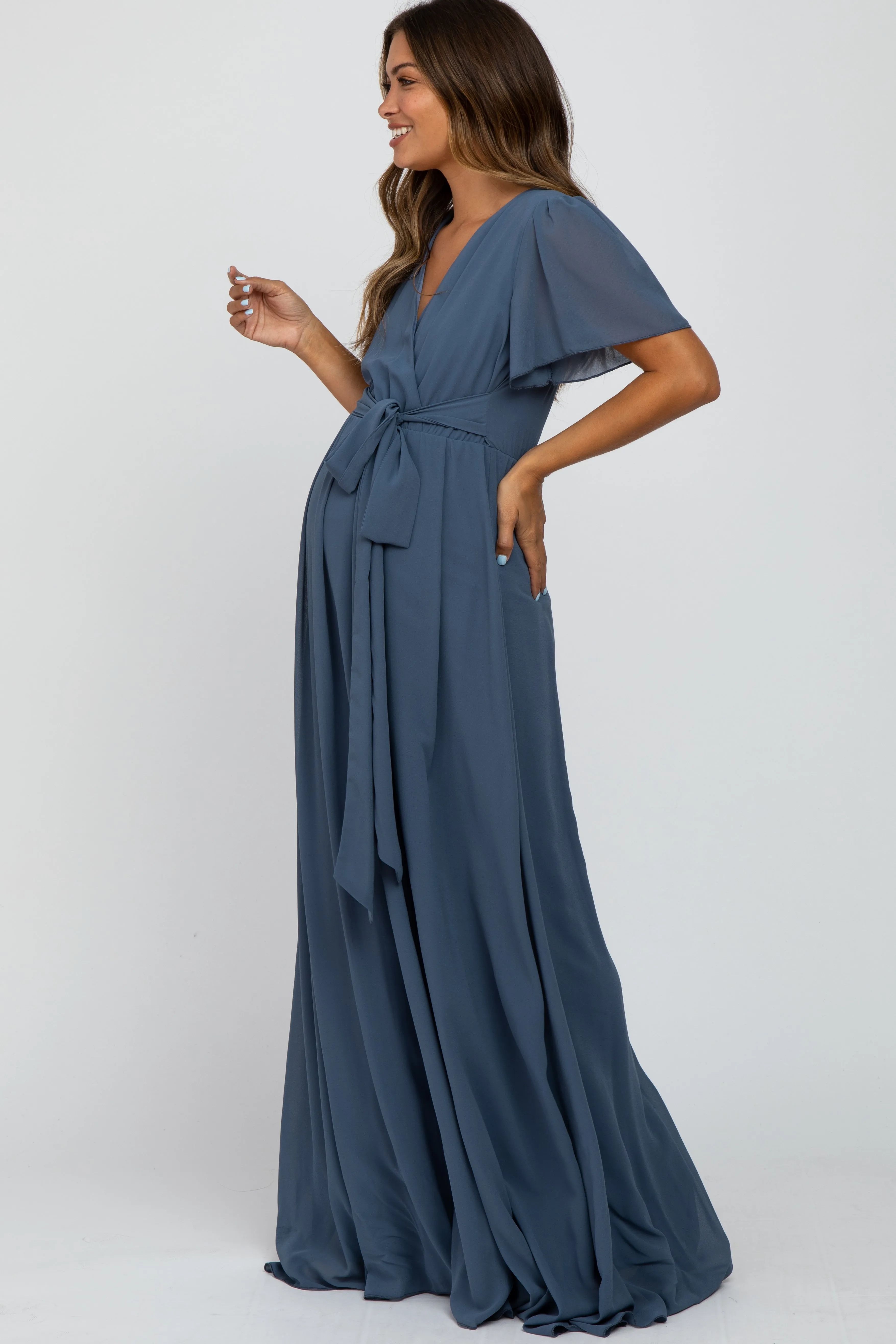 Blue Chiffon Short Sleeve Maternity Maxi Dress sold by Pinkblush product image thumbnail 2