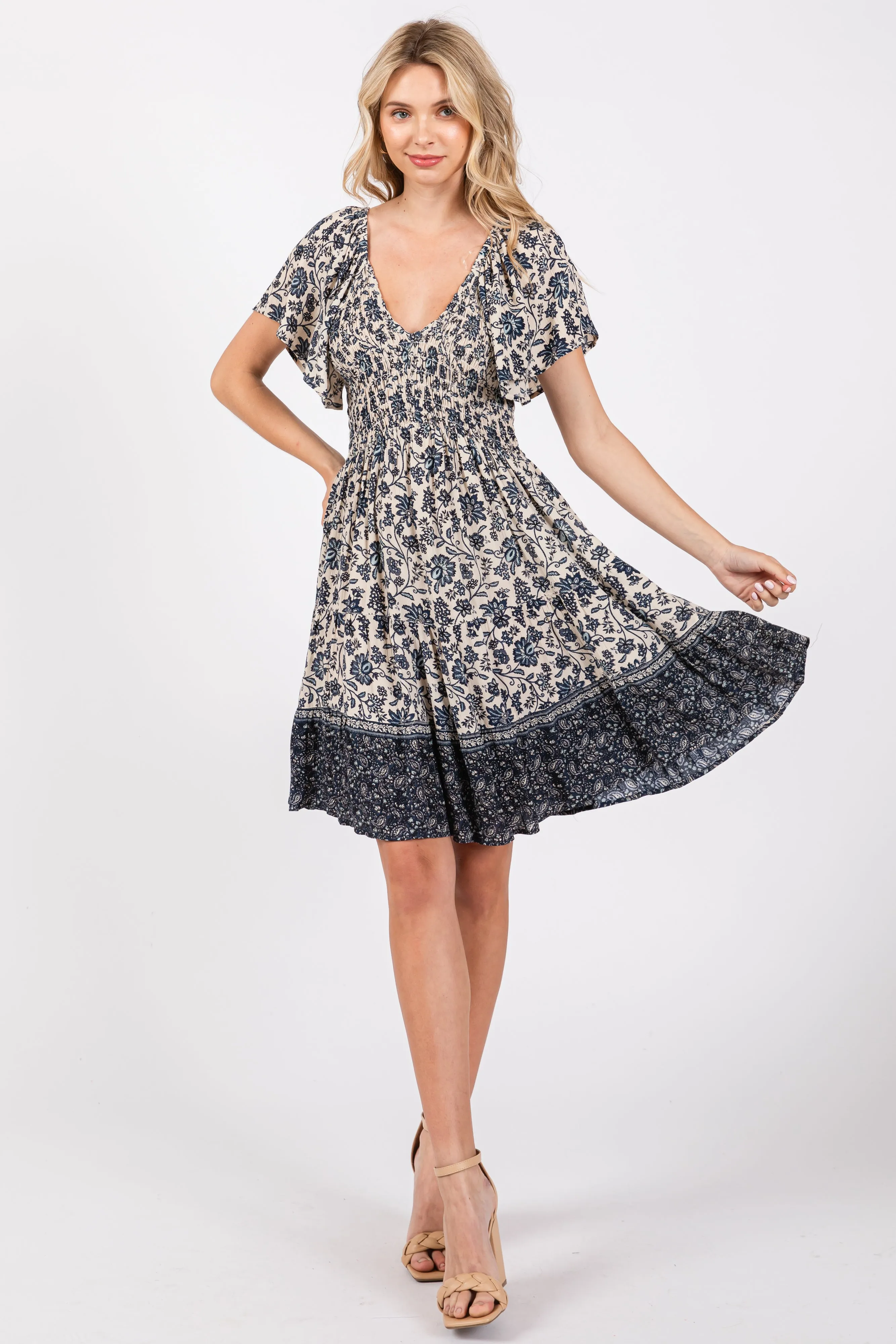 Navy Blue Floral Smocked V-Neck Tiered Dress sold by Pinkblush product image thumbnail 2