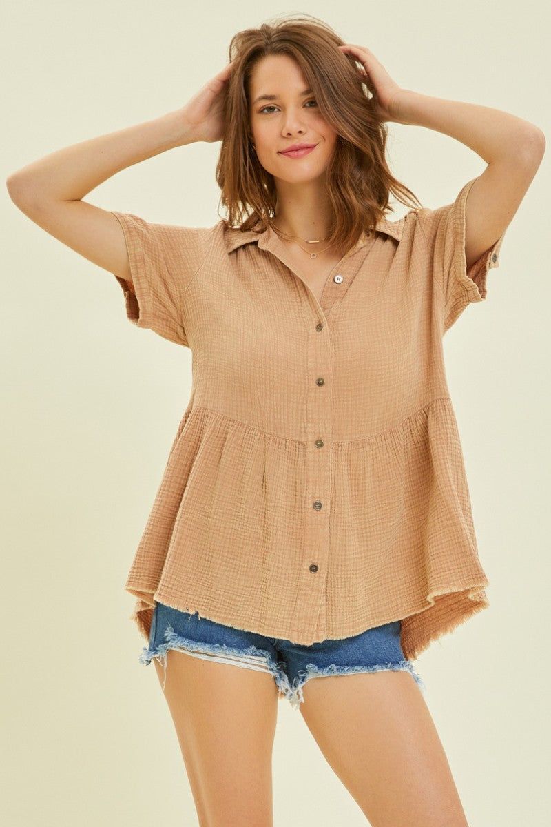 Mocha Mineral-Washed Babydoll Button-Down Shirt sold by Pinkblush