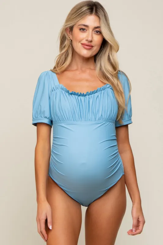 Light Blue Ruched Short Sleeve Maternity One-Piece Swimsuit sold by Pinkblush