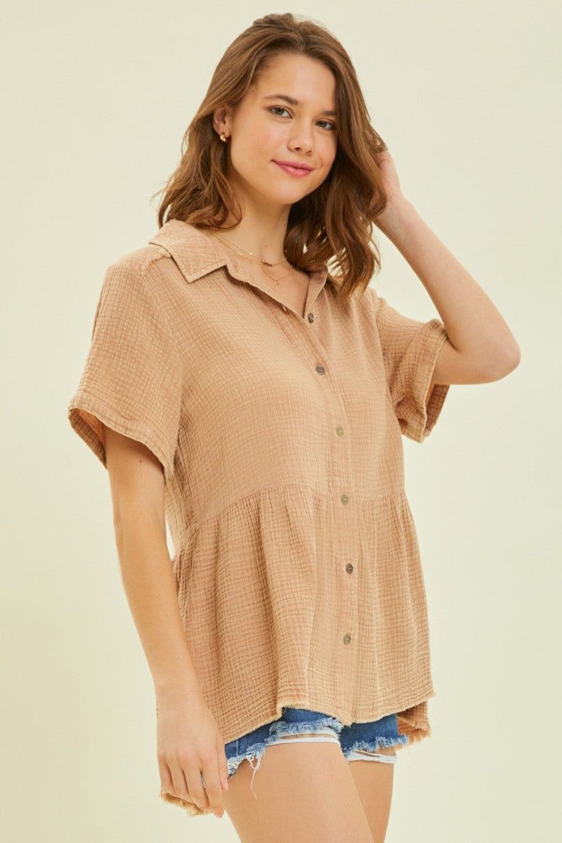 Mocha Mineral-Washed Babydoll Button-Down Shirt sold by Pinkblush product image thumbnail 2