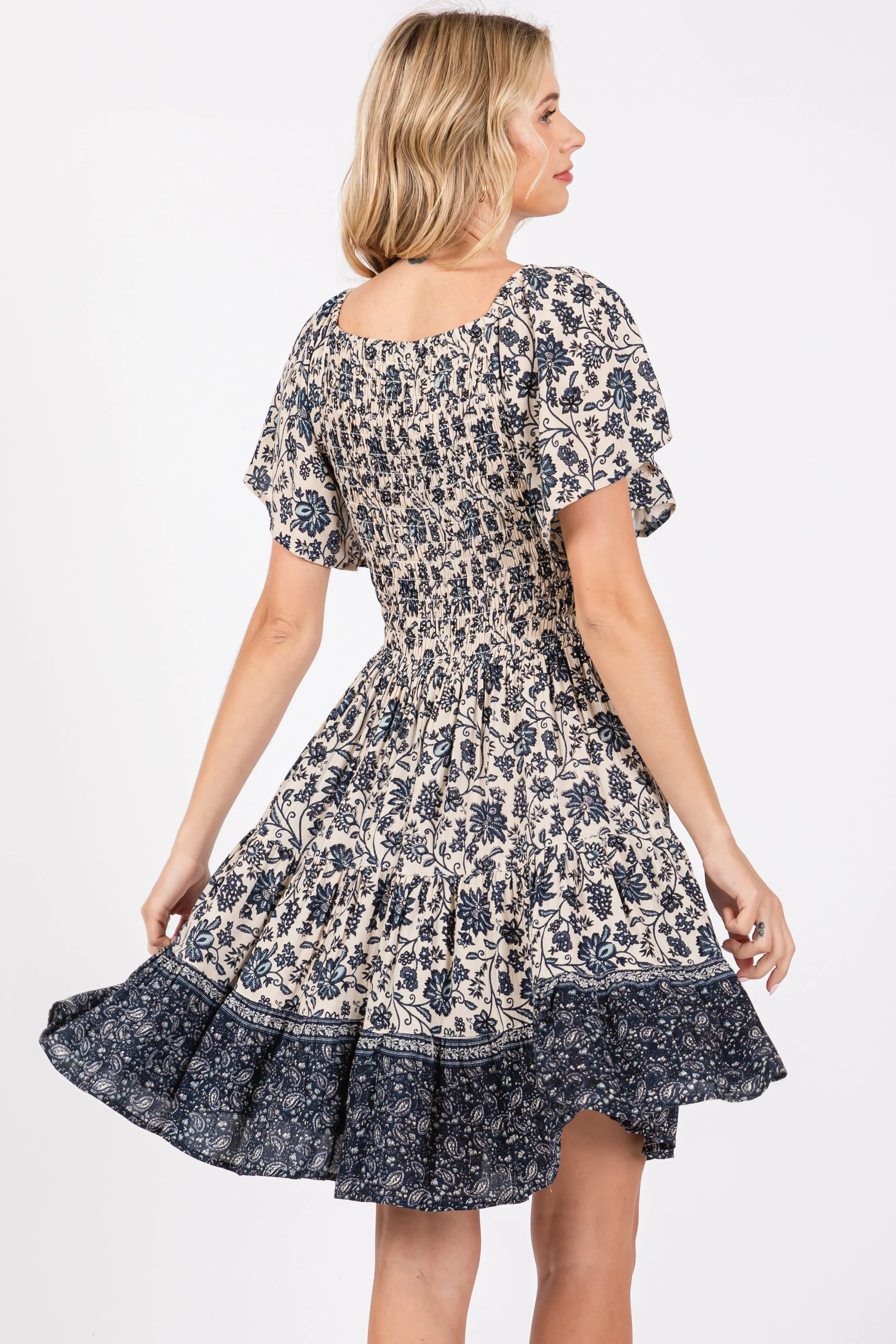 Navy Blue Floral Smocked V-Neck Tiered Dress sold by Pinkblush product image thumbnail 4
