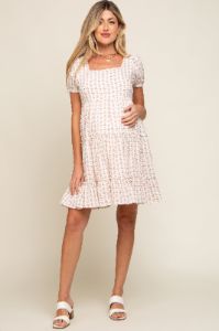 Mauve Printed Tiered Ruffle Accent Maternity Dress sold by Pinkblush