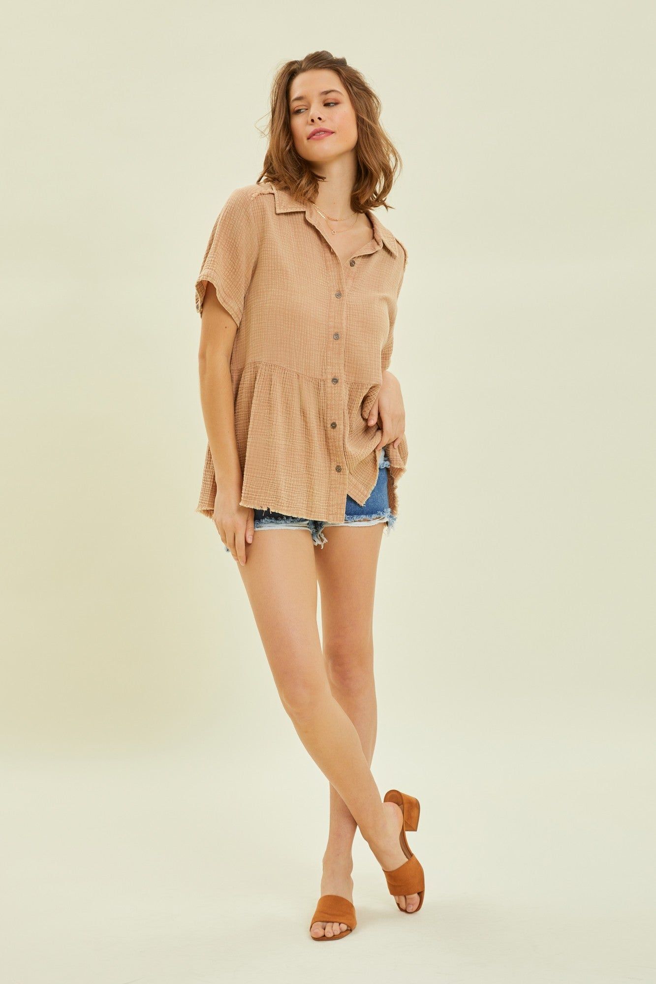 Mocha Mineral-Washed Babydoll Button-Down Shirt sold by Pinkblush product image thumbnail 5