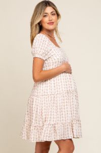 Mauve Printed Tiered Ruffle Accent Maternity Dress sold by Pinkblush