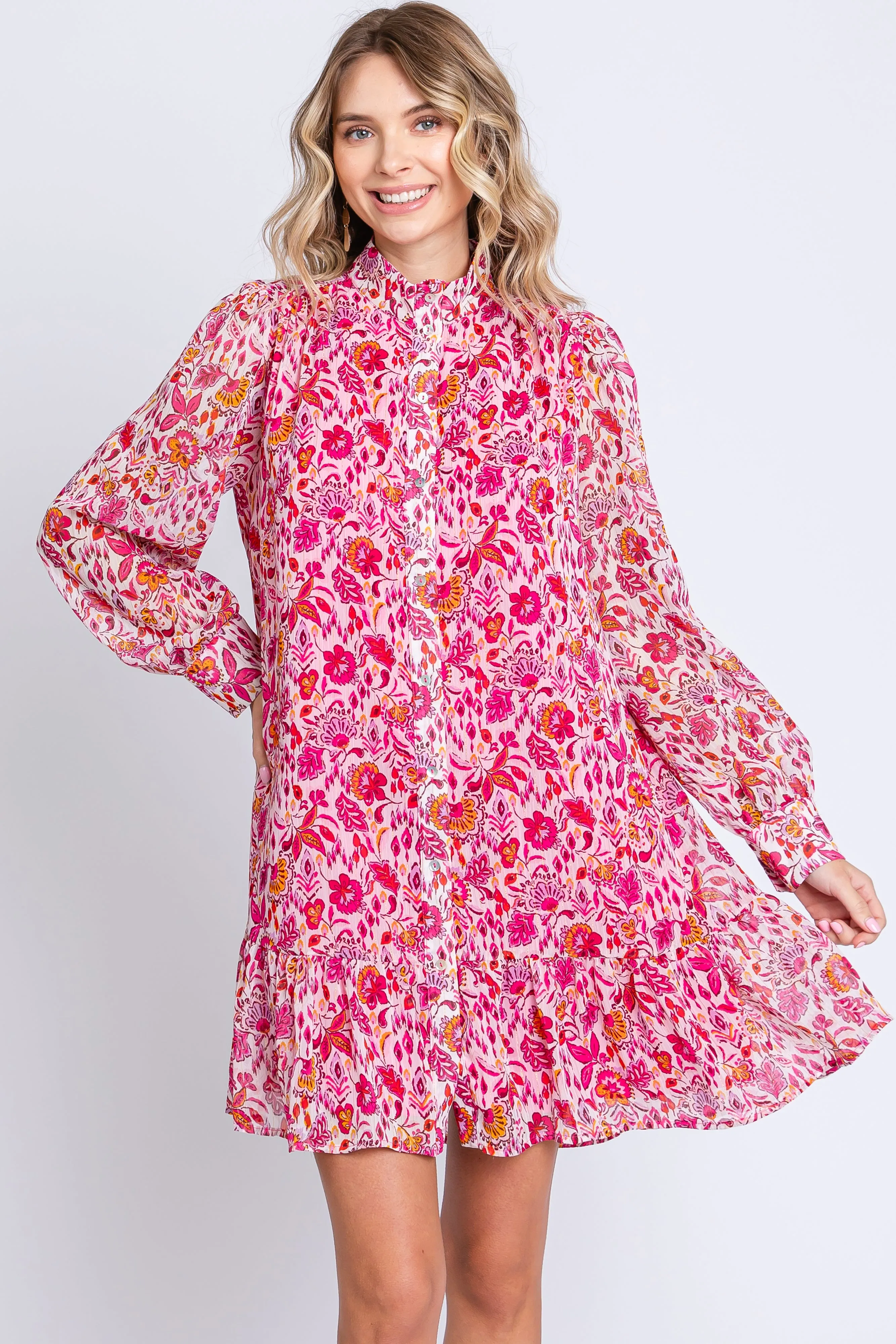 Magenta Floral Chiffon Mock Neck Button Front Maternity Dress sold by Pinkblush product image thumbnail 5