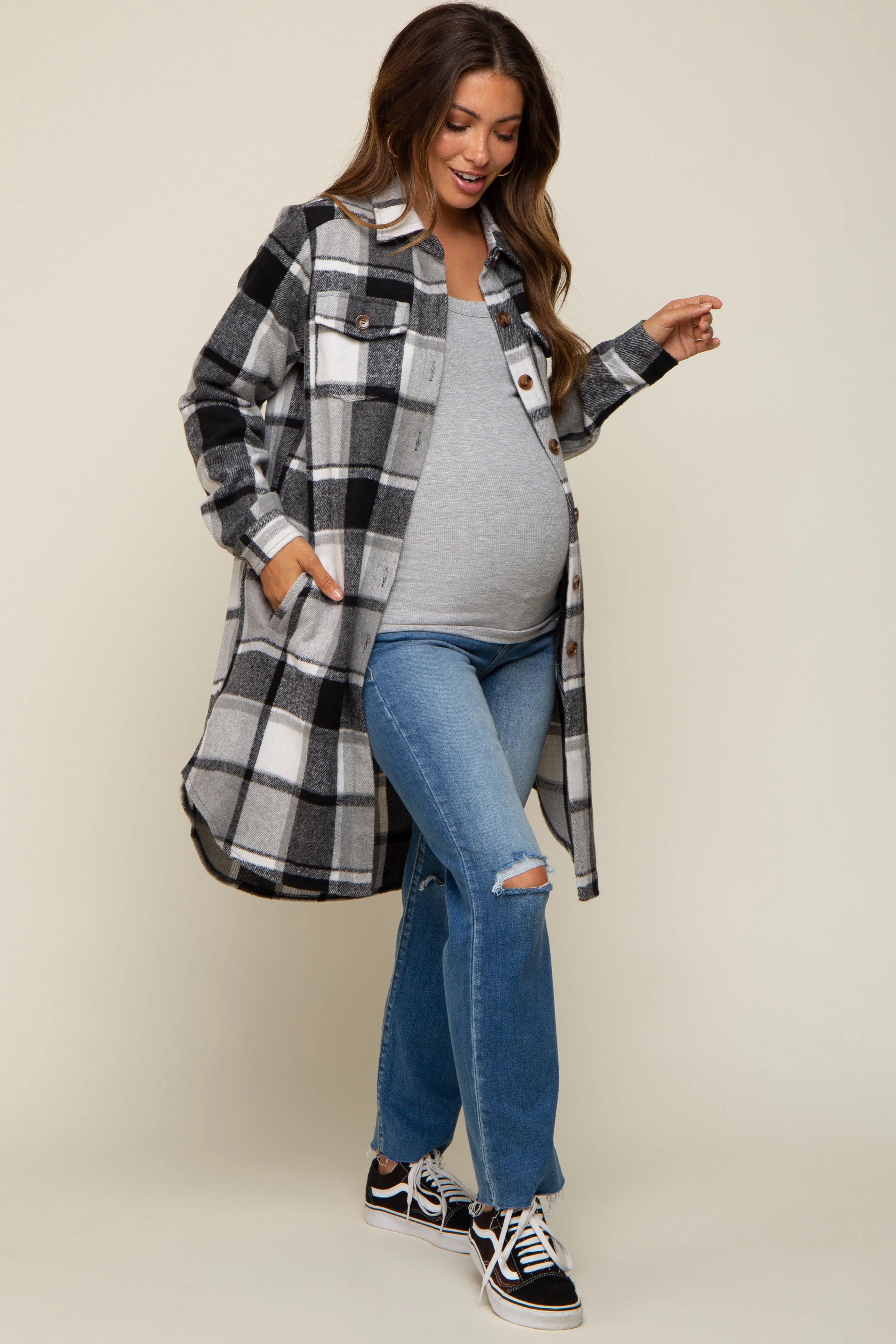 Black Plaid Fleece Maternity Long Shirt Jacket sold by Pinkblush product image thumbnail 4