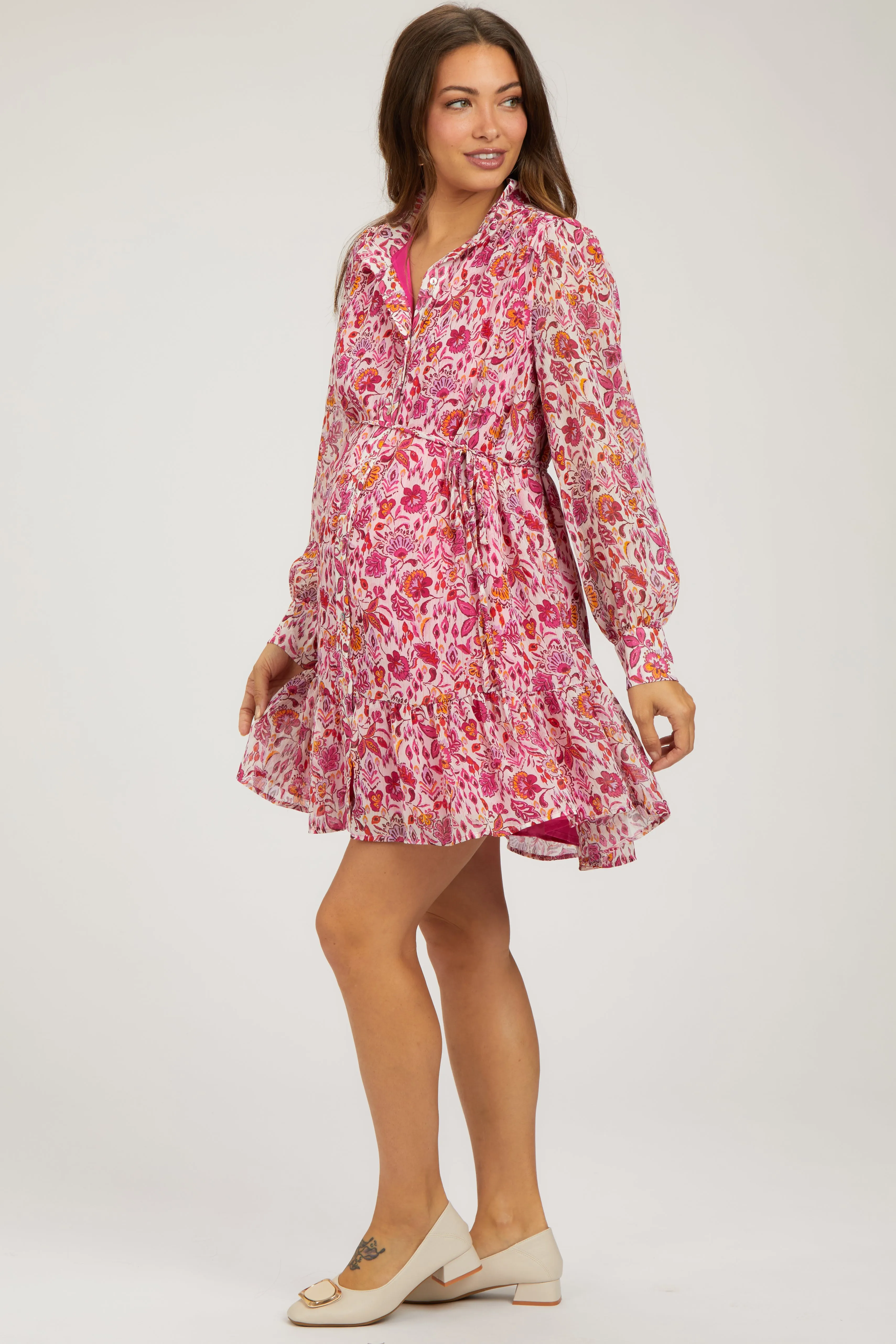 Magenta Floral Chiffon Mock Neck Button Front Maternity Dress sold by Pinkblush product image thumbnail 2
