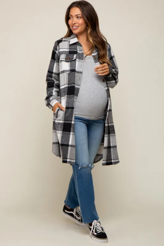 Black Plaid Fleece Maternity Long Shirt Jacket sold by Pinkblush