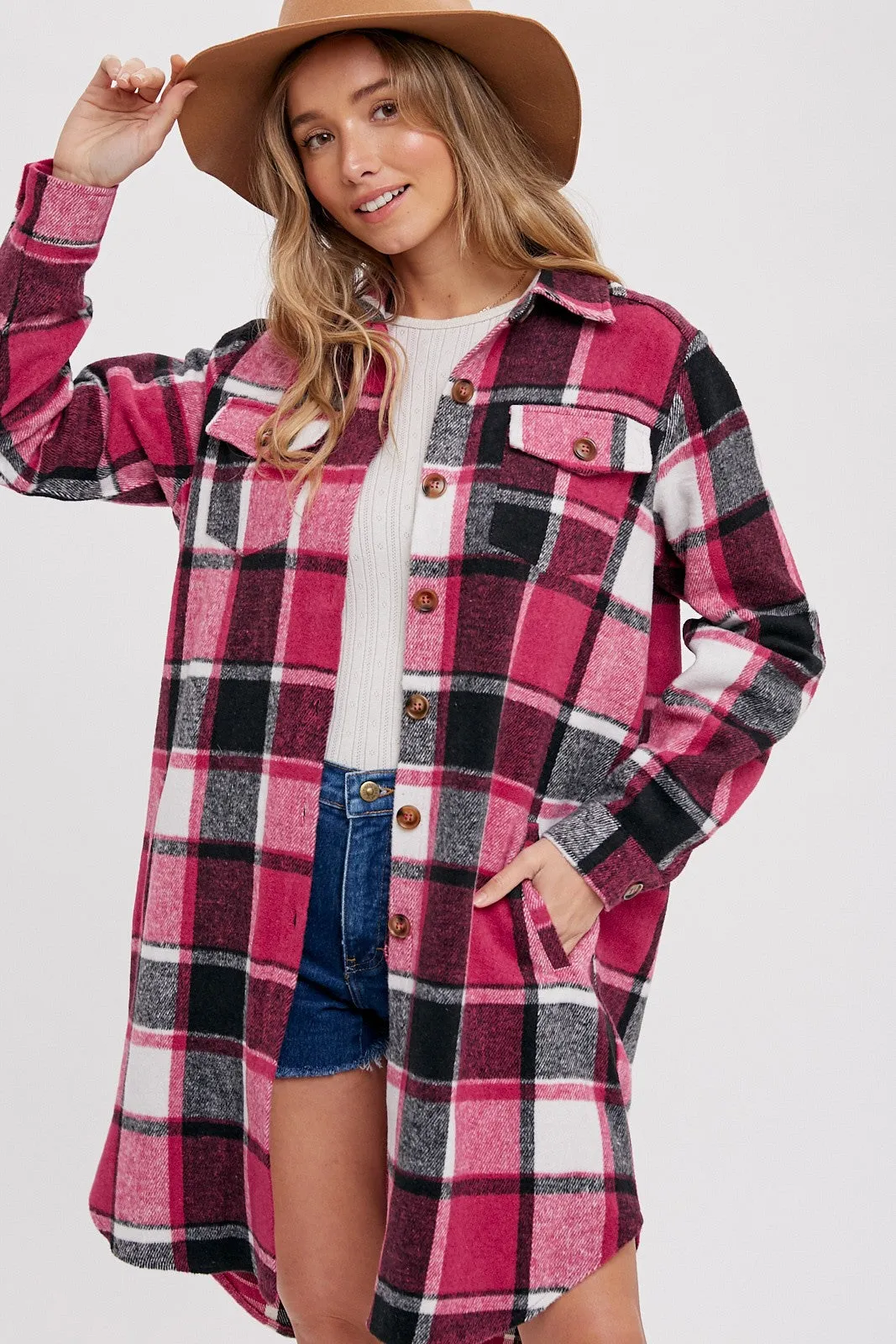 Pink Plaid Fleece Long Shirt Jacket sold by Pinkblush product image thumbnail 3