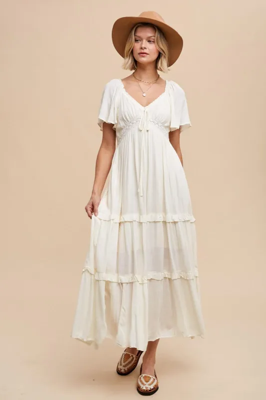 Cream Crochet Lace Tiered Ruffle Maxi Dress sold by Pinkblush