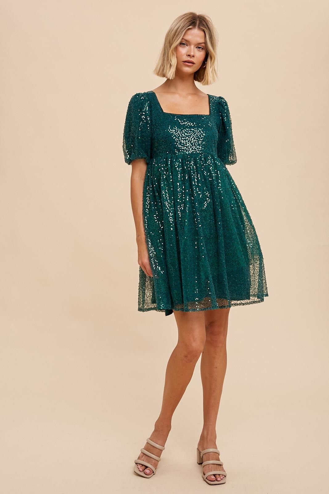 Forest Green Sequin Pearl Embellished Square Neck Babydoll Dress sold by Pinkblush product image thumbnail 5