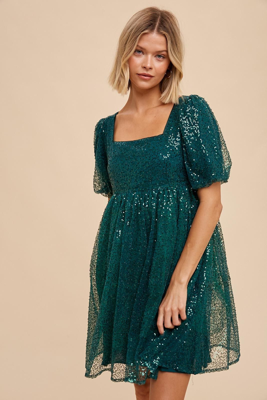 Forest Green Sequin Pearl Embellished Square Neck Babydoll Dress sold by Pinkblush product image thumbnail 2