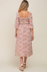 Light Pink Floral Smocked Half Sleeve Maternity Midi Dress sold by Pinkblush