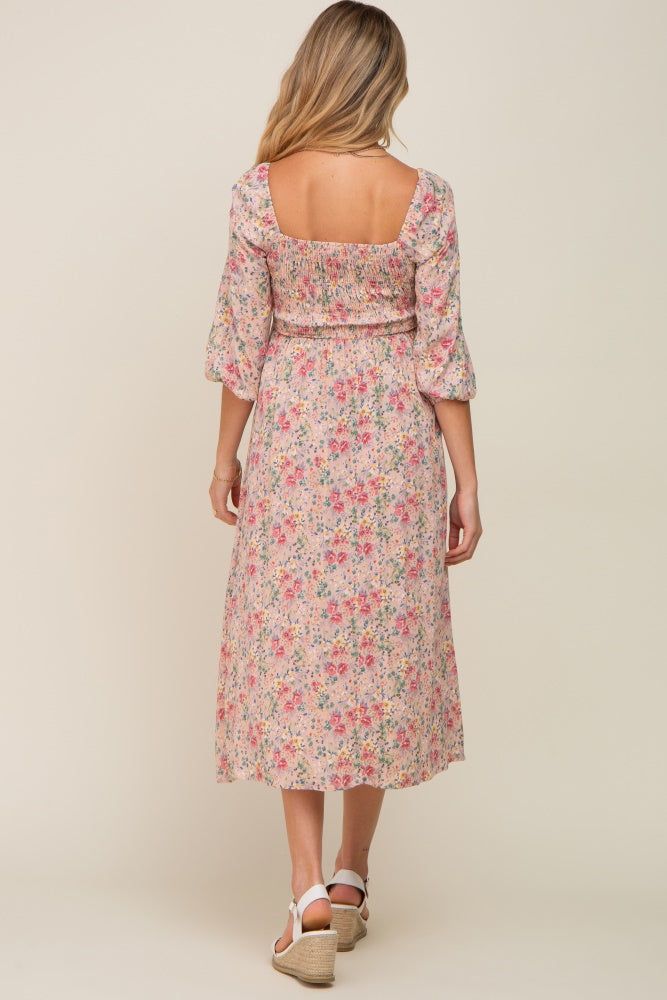 Light Pink Floral Smocked Half Sleeve Maternity Midi Dress sold by Pinkblush product image thumbnail 3