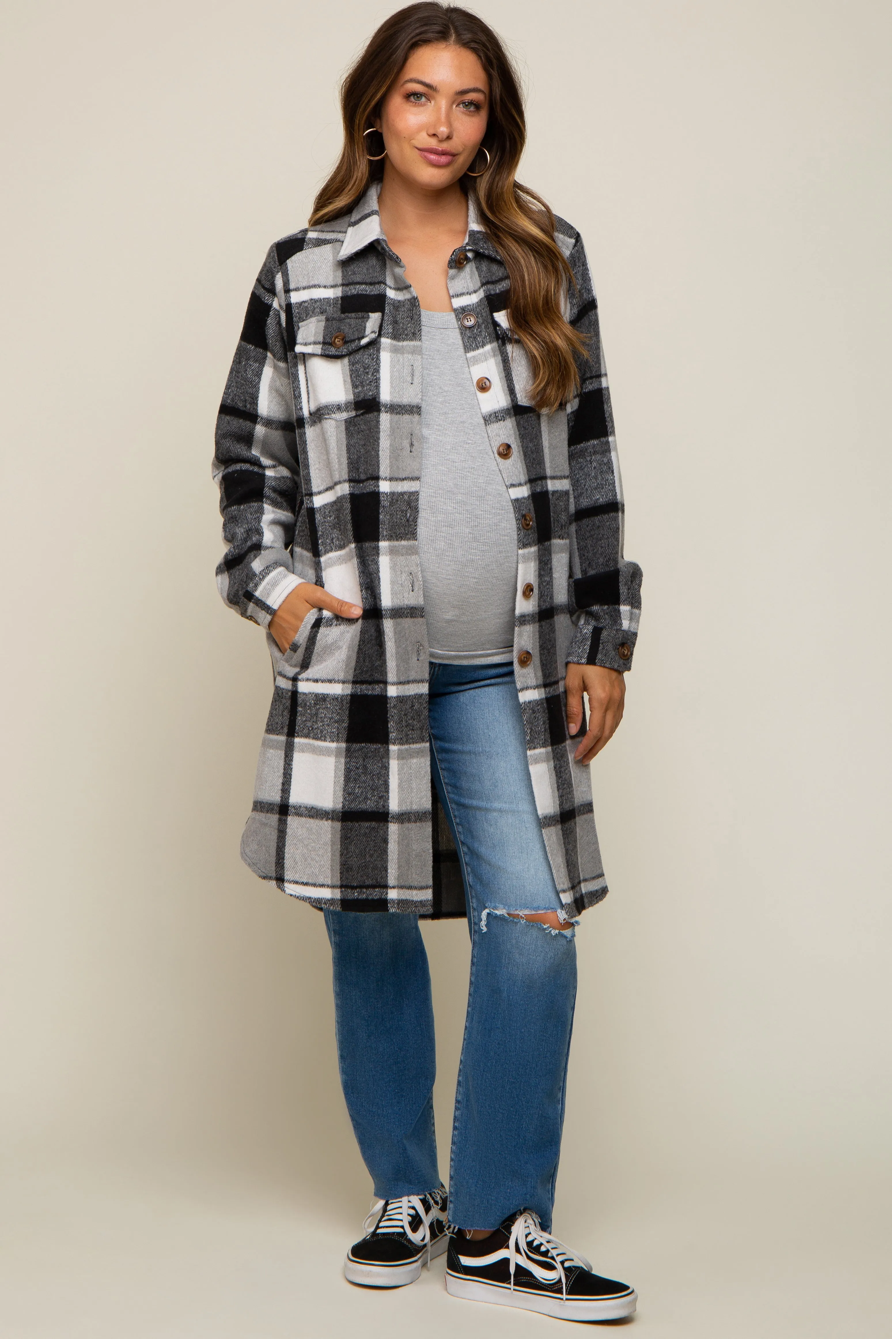 Black Plaid Fleece Maternity Long Shirt Jacket sold by Pinkblush product image thumbnail 5