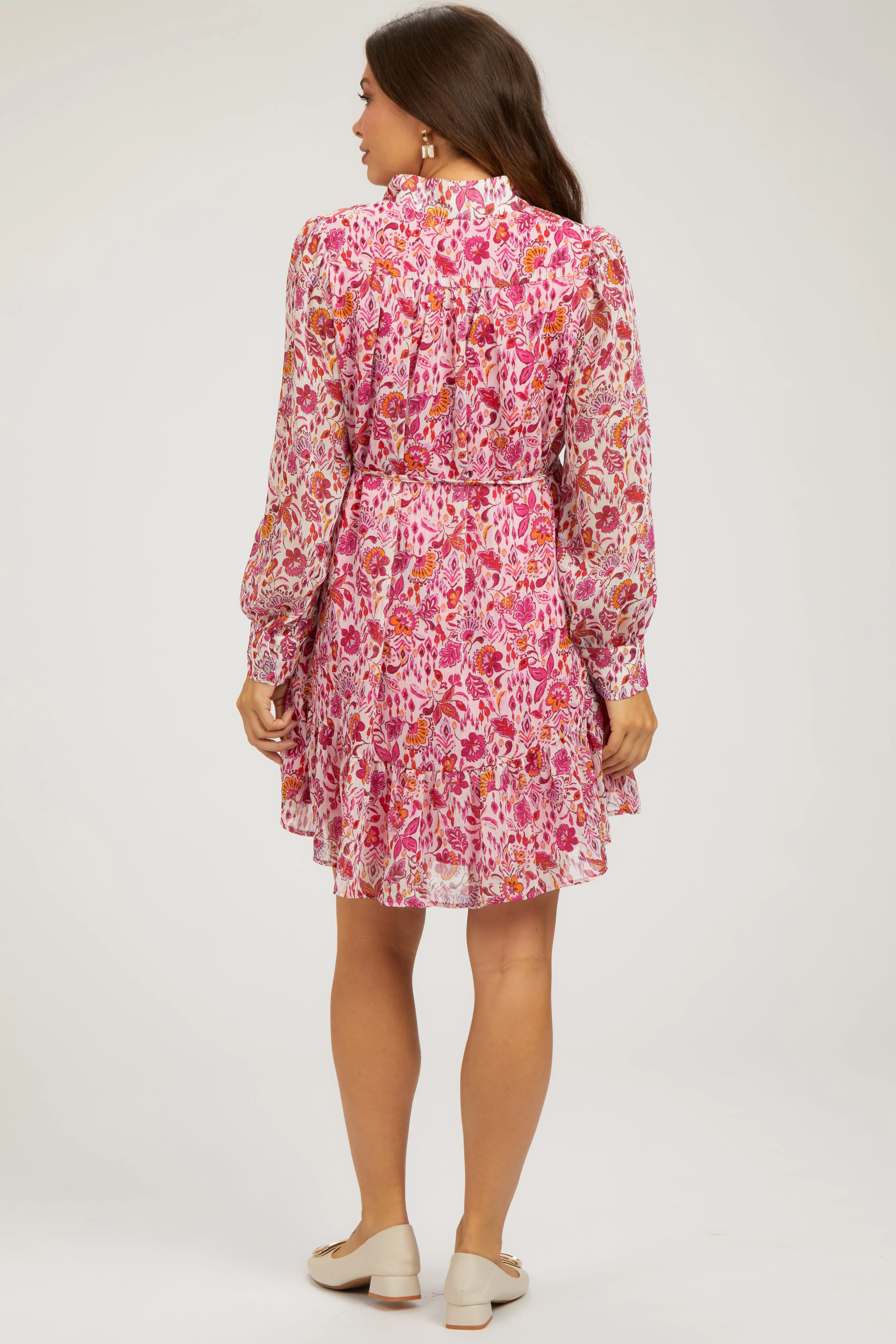 Magenta Floral Chiffon Mock Neck Button Front Maternity Dress sold by Pinkblush product image thumbnail 3