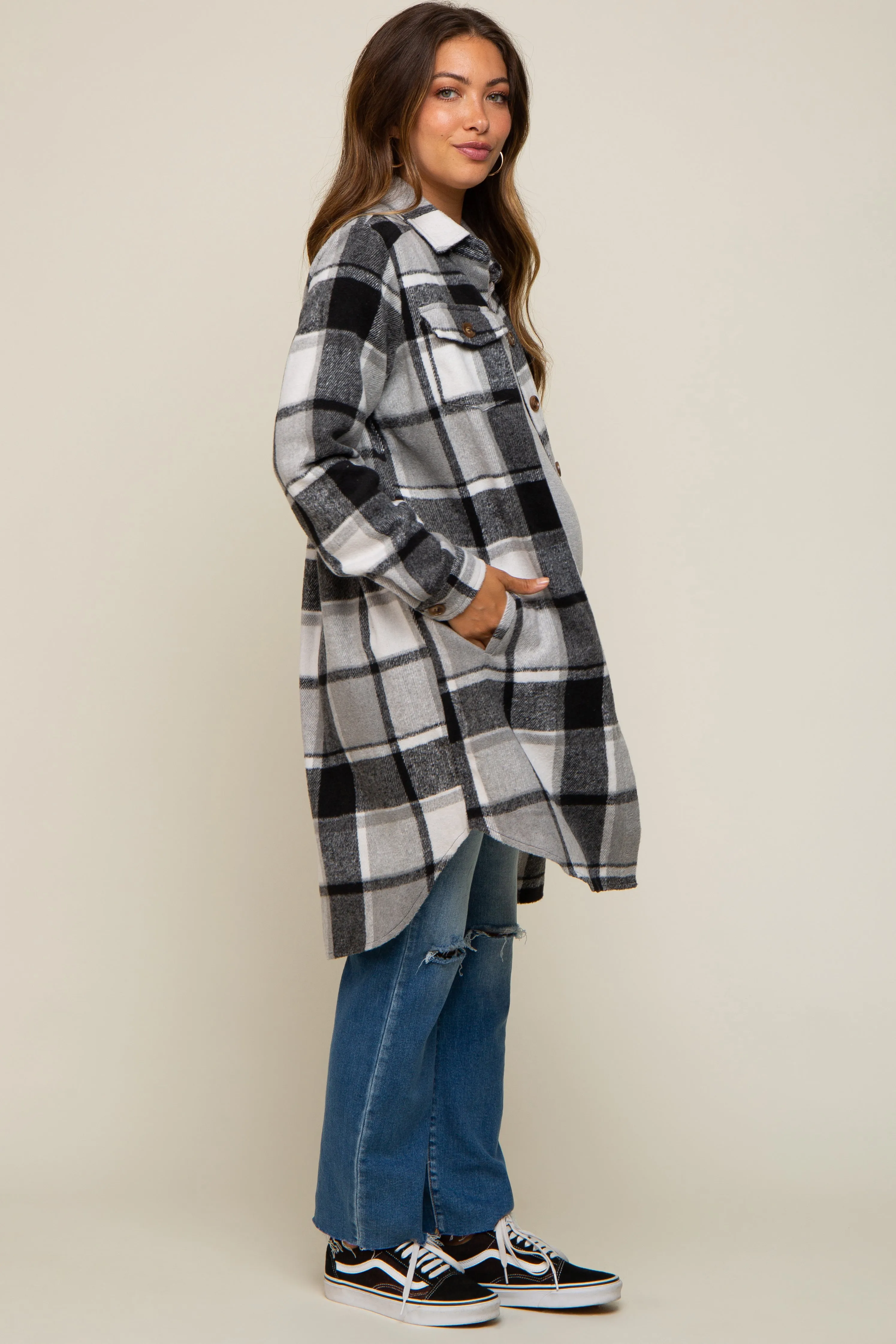 Black Plaid Fleece Maternity Long Shirt Jacket sold by Pinkblush product image thumbnail 2