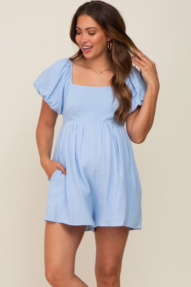 Light Blue Puff Sleeve Maternity Romper sold by Pinkblush