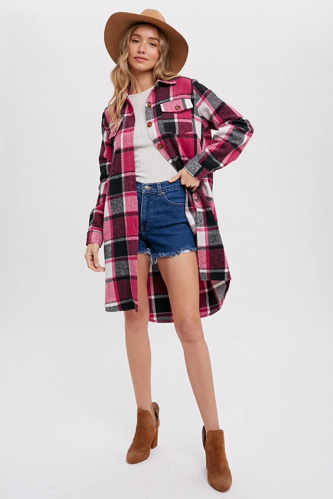 Pink Plaid Fleece Long Shirt Jacket sold by Pinkblush