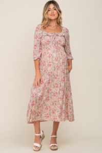 Light Pink Floral Smocked Half Sleeve Maternity Midi Dress sold by Pinkblush