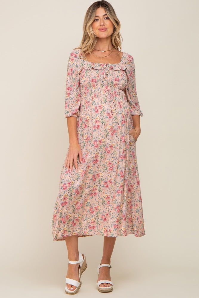 Light Pink Floral Smocked Half Sleeve Maternity Midi Dress sold by Pinkblush product image thumbnail 4